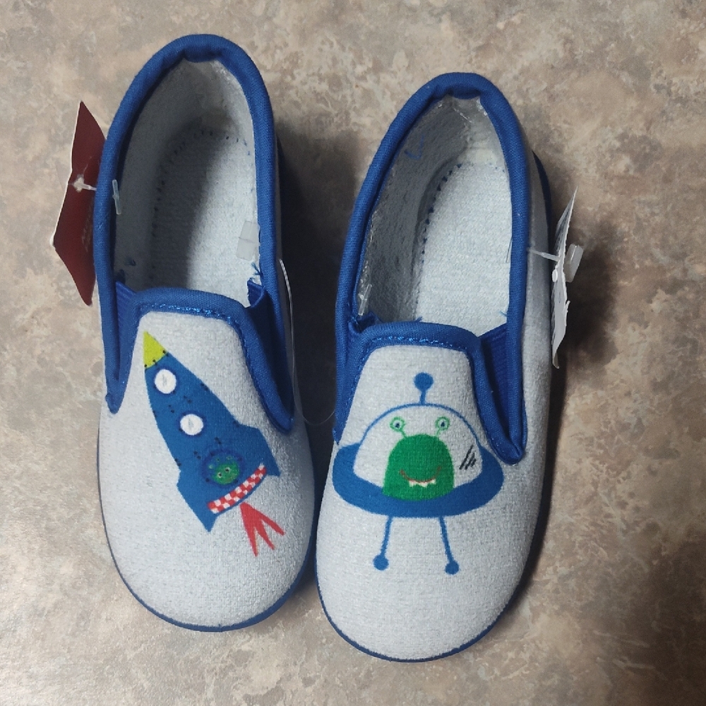 Blue and Gray Kids Shoes with Rocket and Alien Design Size 25